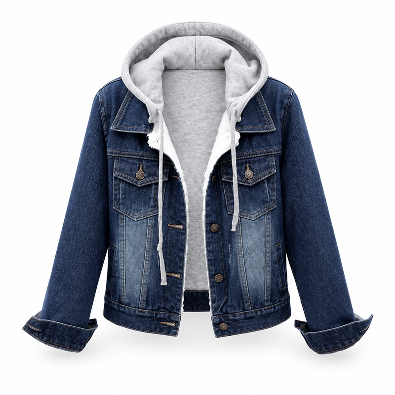 Veste en jean à capuche superposée pour femme, avec doublure chaude