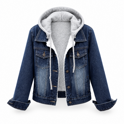 Veste en jean à capuche superposée pour femme, avec doublure chaude