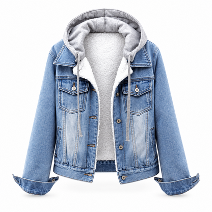 Veste en jean à capuche superposée pour femme, avec doublure chaude