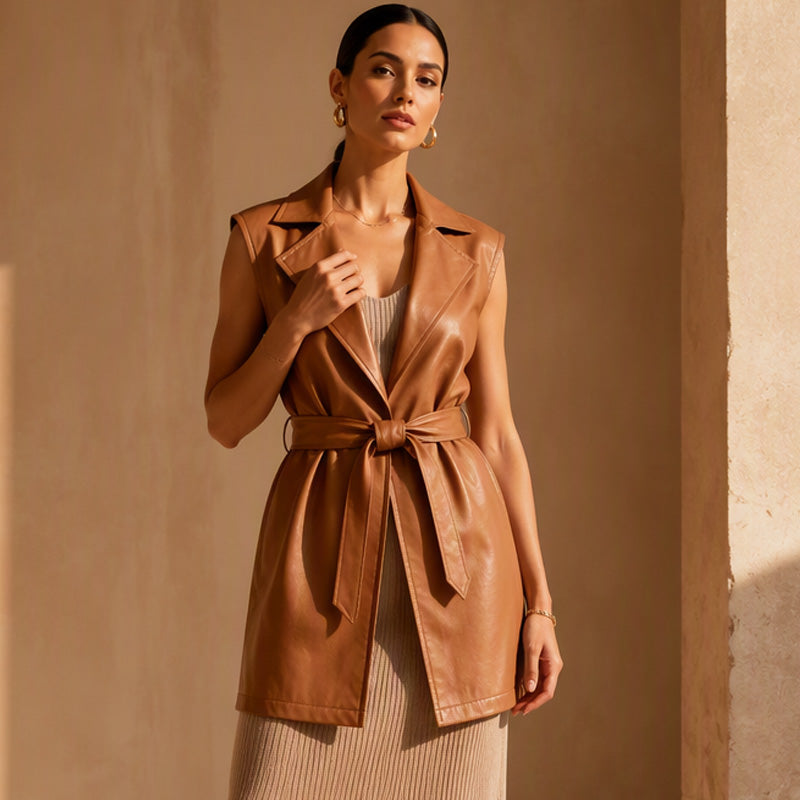 Veste sans manches pour femme en cuir PU élégant
