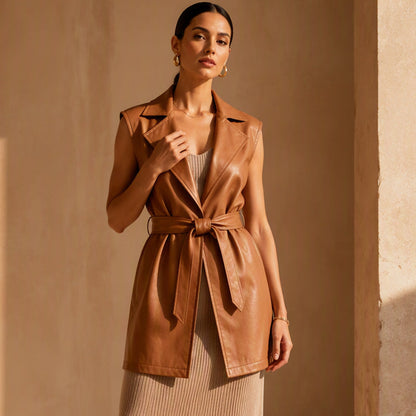 Veste sans manches pour femme en cuir PU élégant