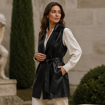 Veste sans manches pour femme en cuir PU élégant
