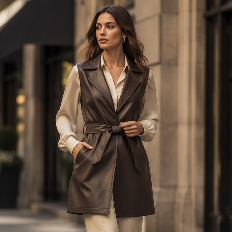 Veste sans manches pour femme en cuir PU élégant
