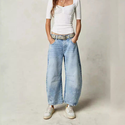 Jean rétro pour femme, taille mi-haute, coupe arrondie et jambes larges