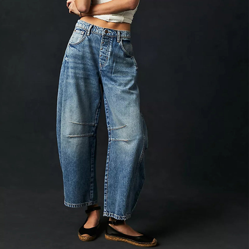 Jean rétro pour femme, taille mi-haute, coupe arrondie et jambes larges