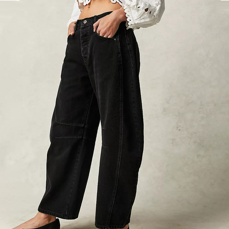 Jean rétro pour femme, taille mi-haute, coupe arrondie et jambes larges