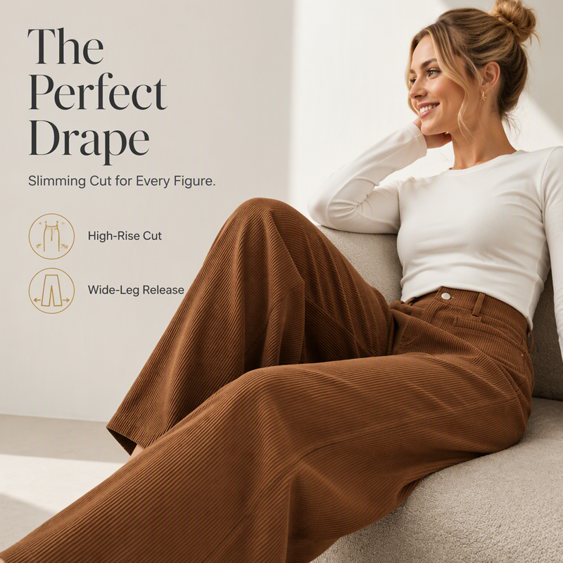Pantalon large en velours côtelé à taille haute pour femme 