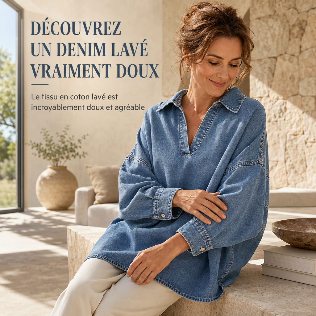 Chemise pull en jean décontractée pour femme, col V, manches chauve-souris et ourlet asymétrique, coupe ample