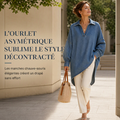 Chemise pull en jean décontractée pour femme, col V, manches chauve-souris et ourlet asymétrique, coupe ample