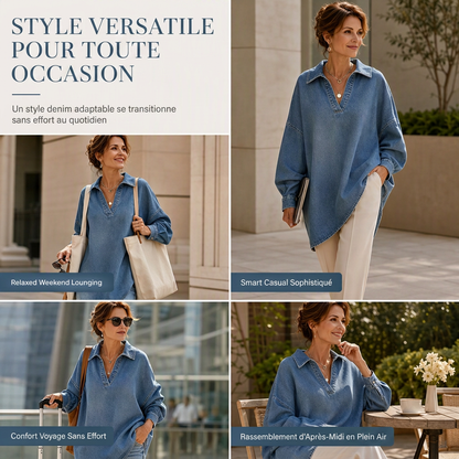Chemise pull en jean décontractée pour femme, col V, manches chauve-souris et ourlet asymétrique, coupe ample