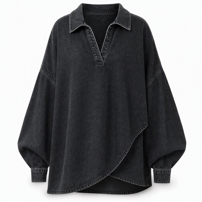 Chemise pull en jean décontractée pour femme, col V, manches chauve-souris et ourlet asymétrique, coupe ample