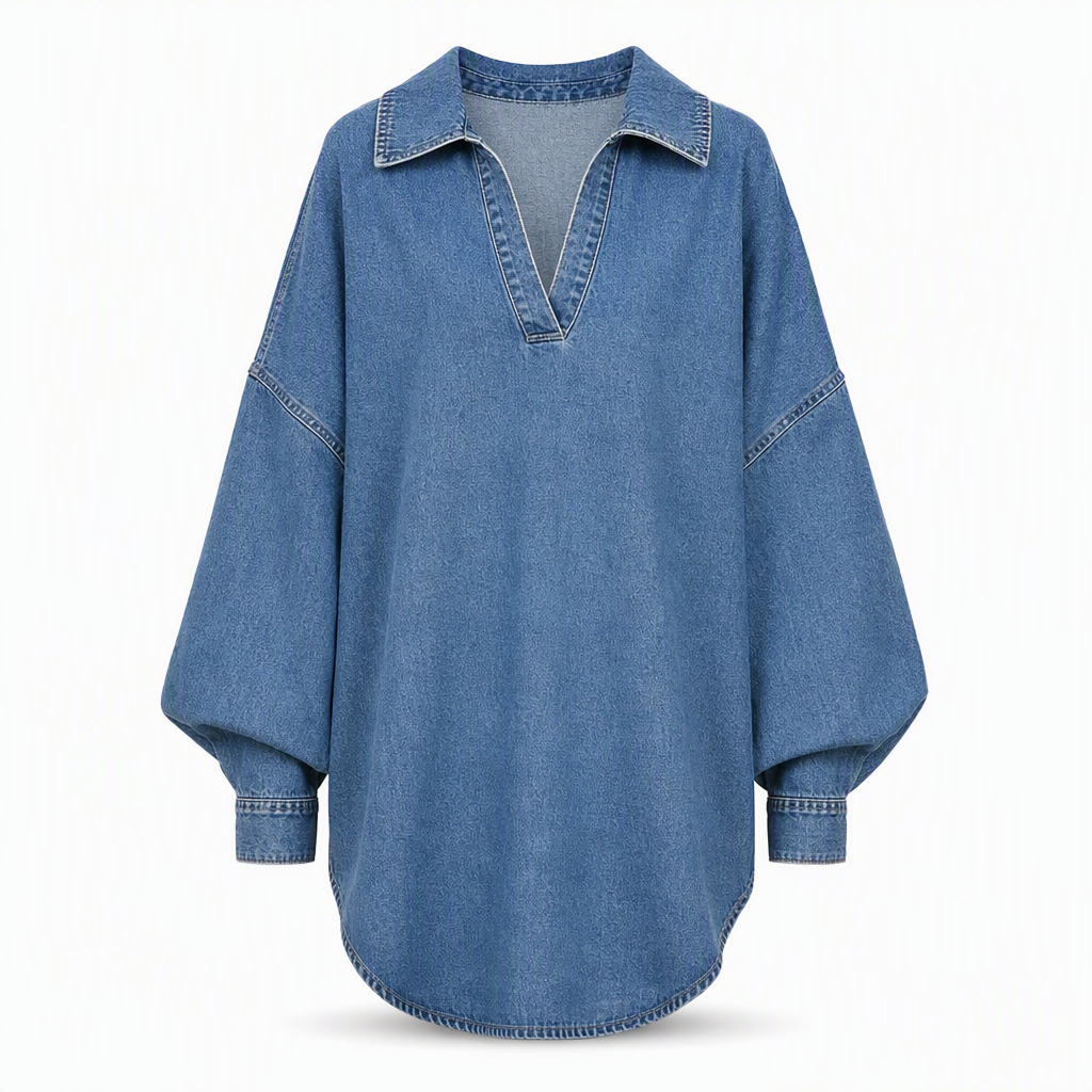 Chemise pull en jean décontractée pour femme, col V, manches chauve-souris et ourlet asymétrique, coupe ample