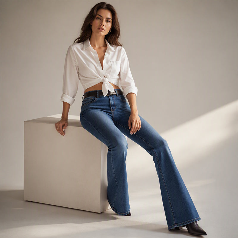 Jean évasé à taille élastique haute pour femme