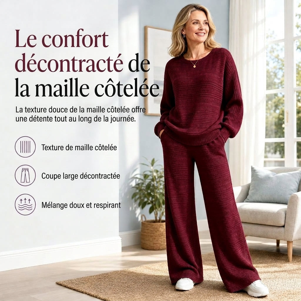 📢🎉-50 %!!!🛍️✨Ensemble deux pièces en maille côtelée pour femme, automne-hiver, manches longues, décontracté, composé d'un haut et d'un pantalon large