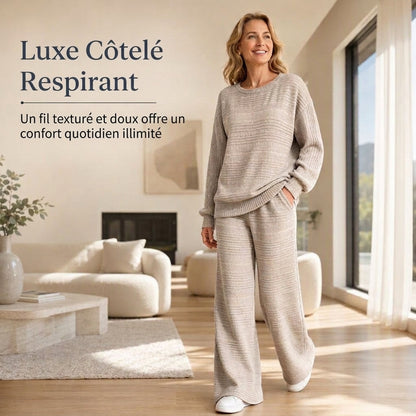 📢🎉-50 %!!!🛍️✨Ensemble deux pièces en maille côtelée pour femme, automne-hiver, manches longues, décontracté, composé d'un haut et d'un pantalon large