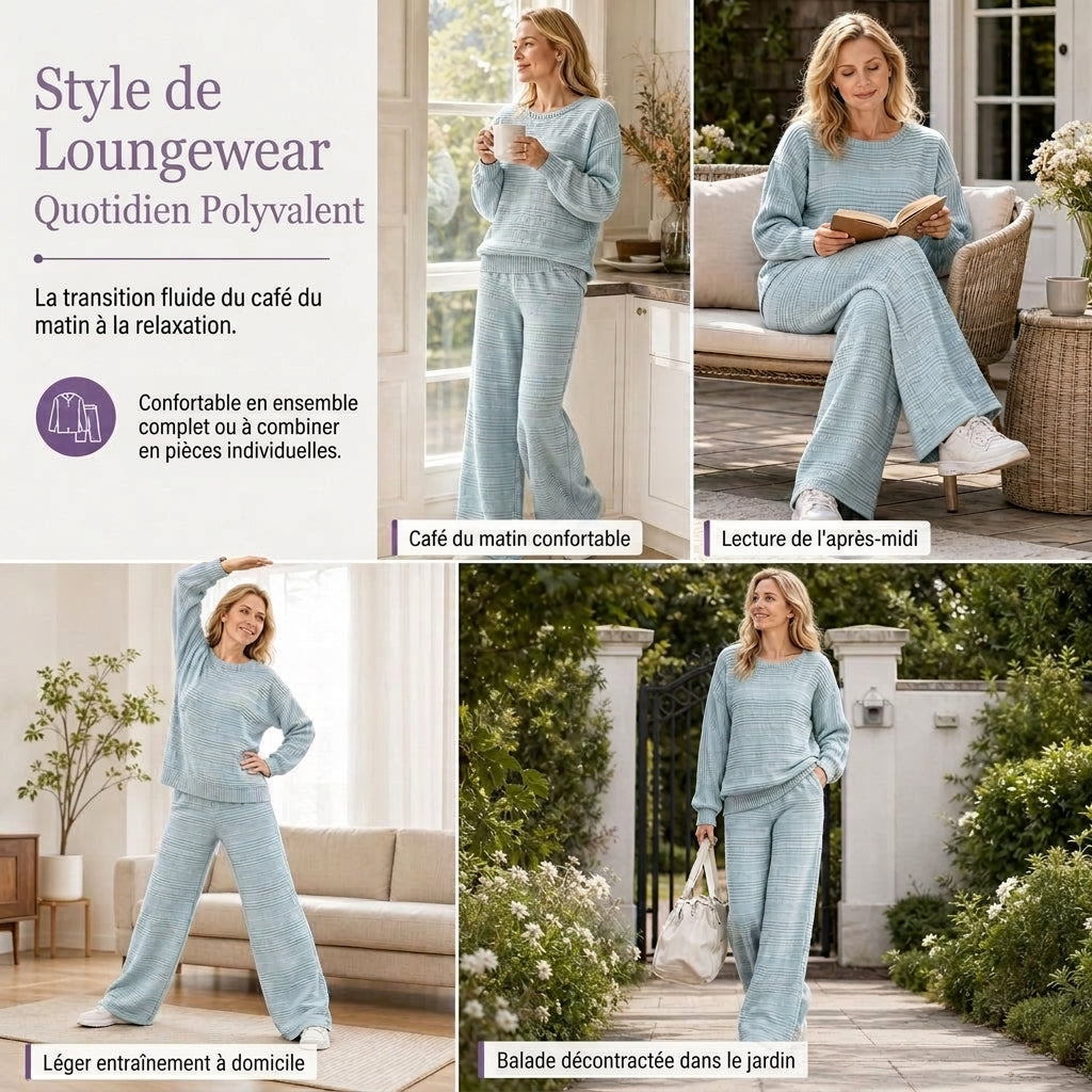 📢🎉-50 %!!!🛍️✨Ensemble deux pièces en maille côtelée pour femme, automne-hiver, manches longues, décontracté, composé d'un haut et d'un pantalon large