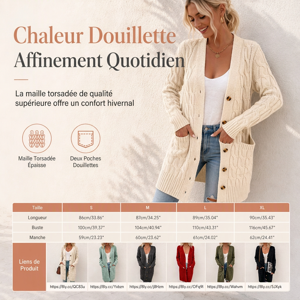 Cardigan en maille long à boutonnage simple pour femme, manteau décontracté d'automne et d'hiver