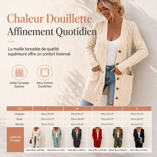 Cardigan en maille long à boutonnage simple pour femme, manteau décontracté d'automne et d'hiver