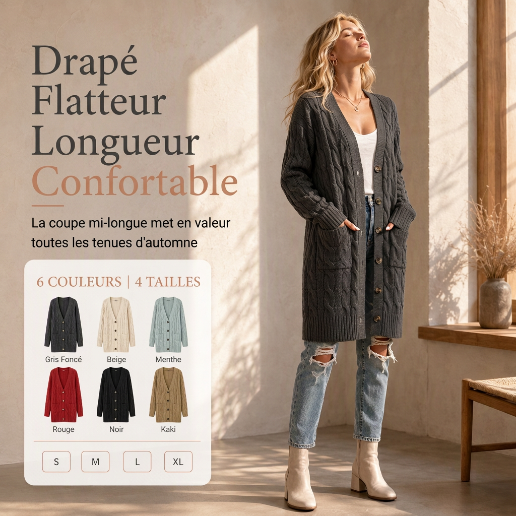Cardigan en maille long à boutonnage simple pour femme, manteau décontracté d'automne et d'hiver