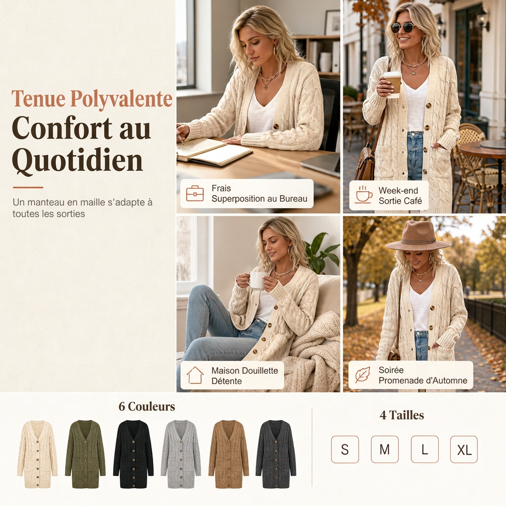 Cardigan en maille long à boutonnage simple pour femme, manteau décontracté d'automne et d'hiver