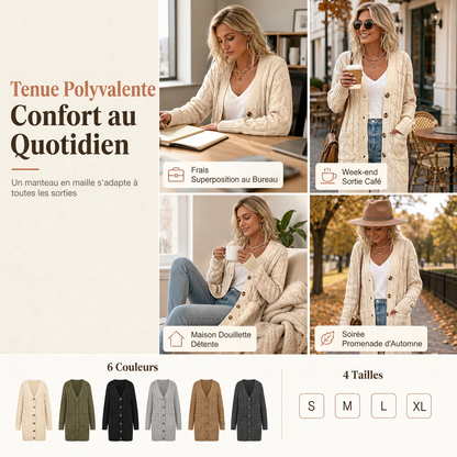 Cardigan en maille long à boutonnage simple pour femme, manteau décontracté d'automne et d'hiver
